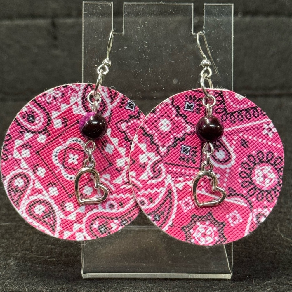 Pink Paisley With Heart Charms Dangle Earrings